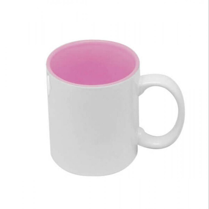 Taza para sublimación, interior rosa y asa blanca. 350 ml