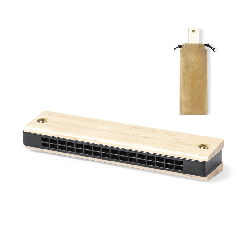 Armónica de madera natural con funda