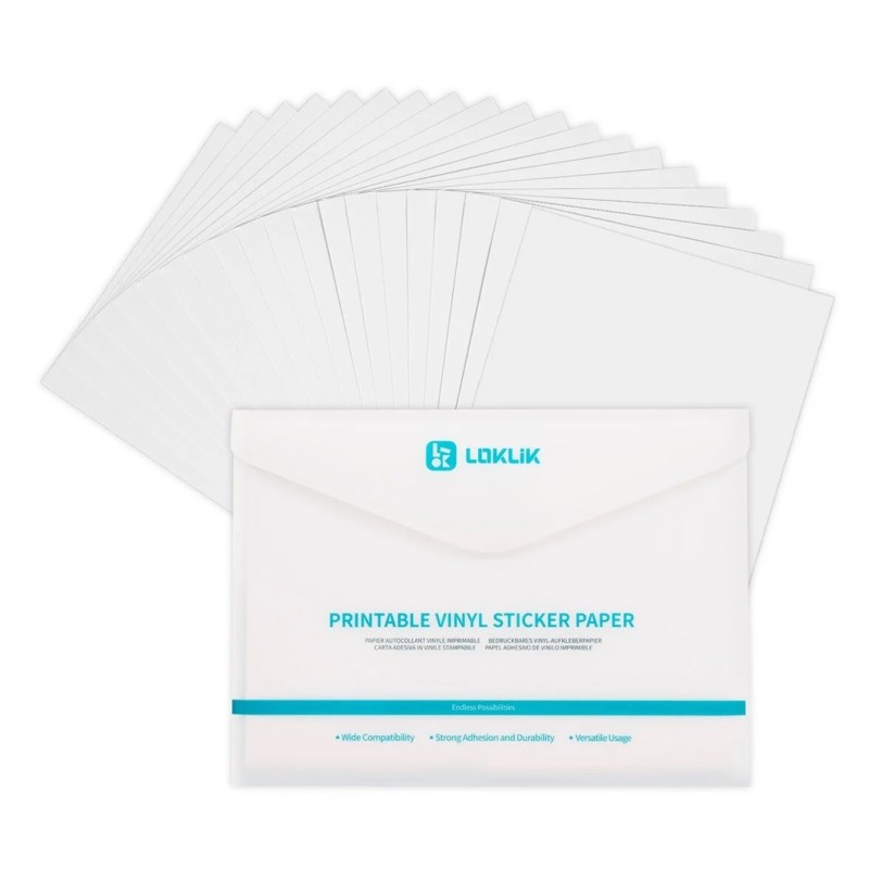 LOKLiK Papel Adhesivo de Vinilo Mate Imprimible A4 - Pack de 20